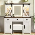 thumbnail image 2 of Bellemave 43.3" Farmhouse Makeup Vanity with Lighted Mirror, Sliding Barn Door, Rustic Vanity Desk with Storage Drawers, Charging Station, Cushioned Stool for Bedroom, Beige, 2 of 9