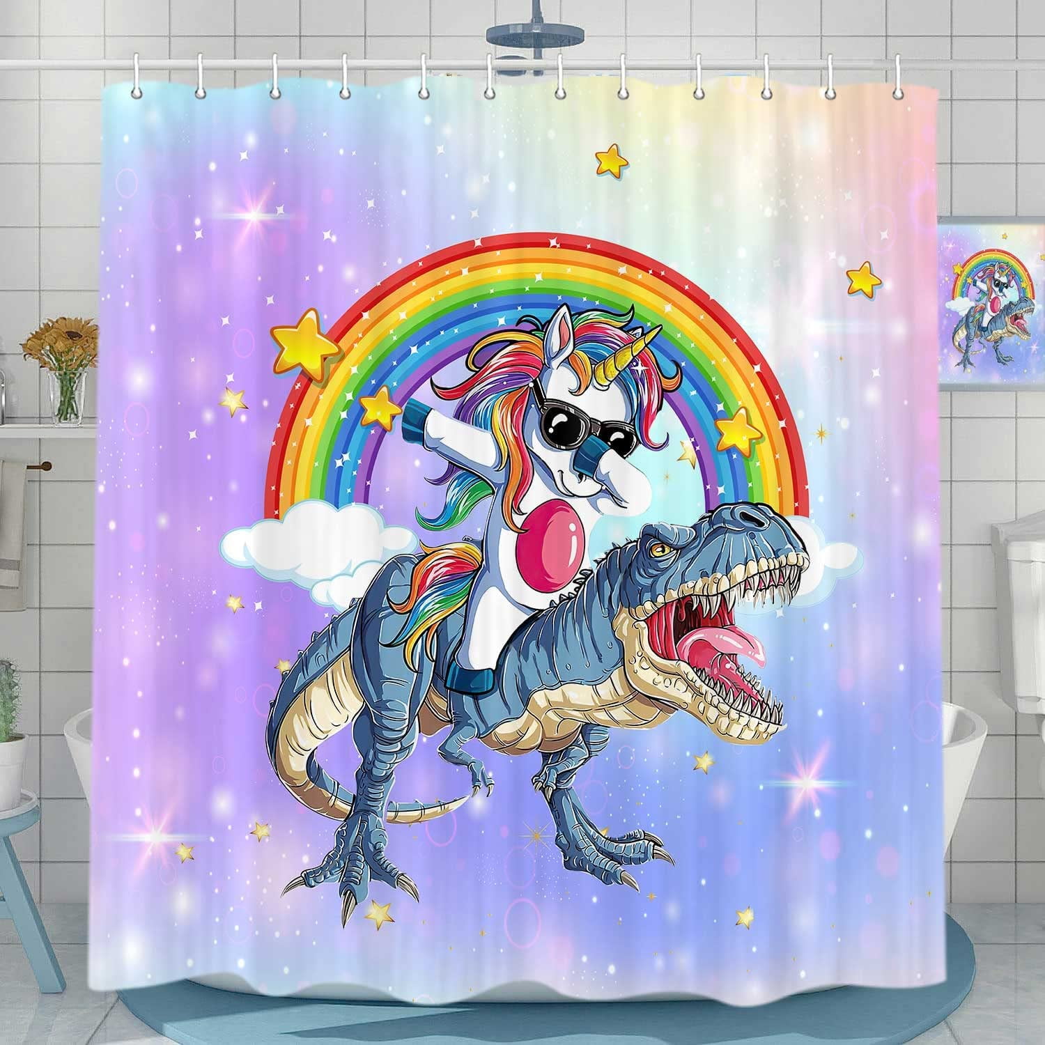 Unicorn Riding Dinosaur Shower Curtain for Kids Bathroom, Cute Funny