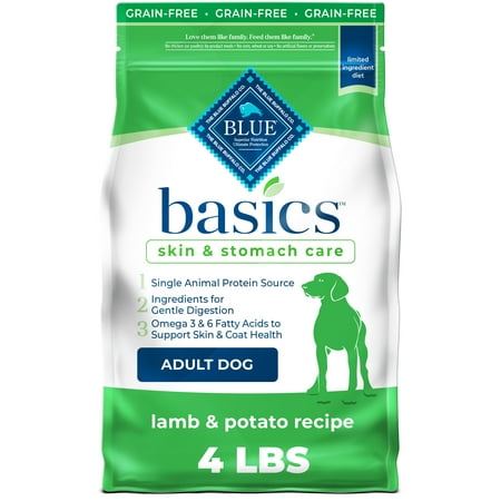 Blue Buffalo Basics Skin & Stomach Care Lamb and Potato Dry Dog Food for Adult Dogs, Grain-Free, 4 lb. Bag