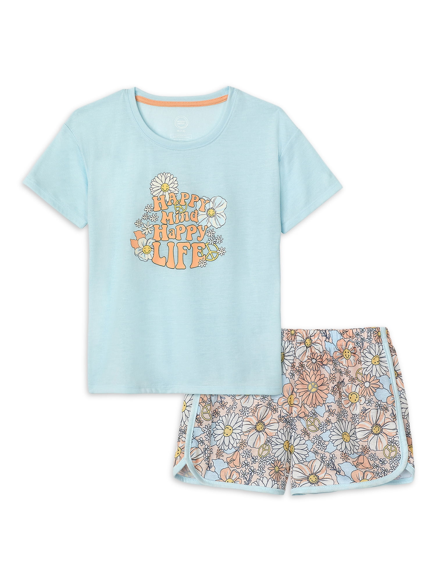 Wonder Nation Girls Short Sleeve Top and Sleep Shorts Pajama Set, 2-Piece, Sizes 4-18 & Plus