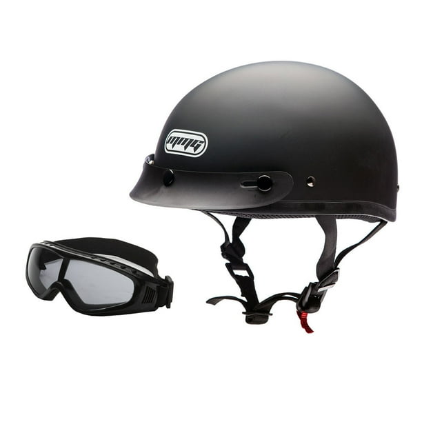 MMG Motorcycle Half Helmet Beanie DOT with goggles Matte Black (XLarge