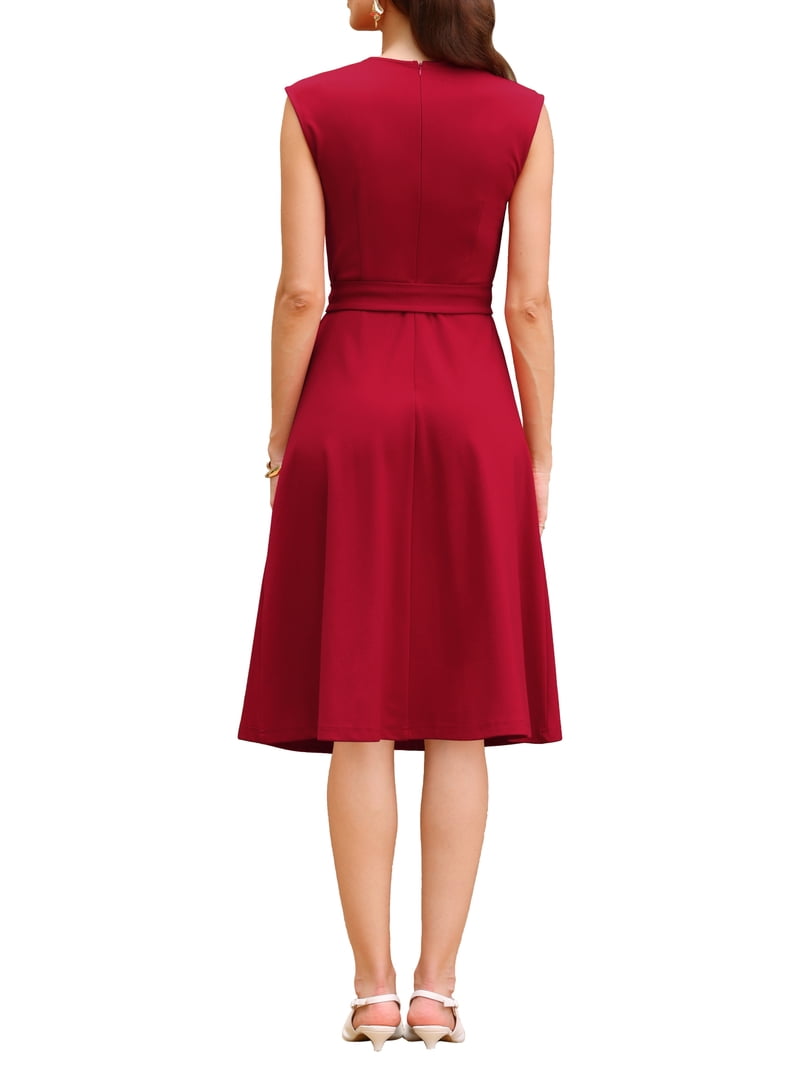 Inspire Chic Women's A-Line Sleeveless Dress Pleated Neck Tie Waist Summer Work Flare Dresses L Red