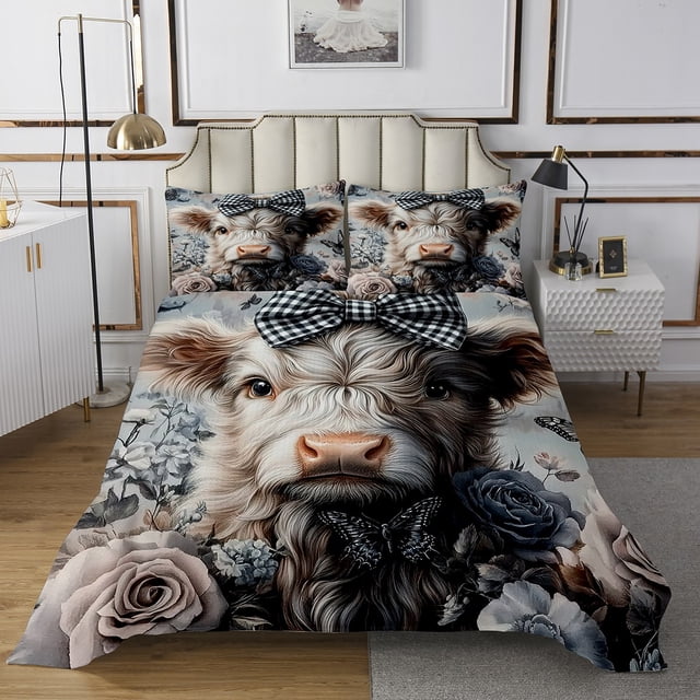 Erosebridal Rustic Cow Coverlet Set King, Romantic Rose Bedding Set, Farmhouse Animal Decor 3pcs