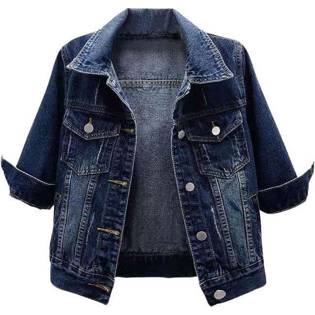 loveimgs Veste en Jean Courte Décontractée pour Femmes à Manches 3/4 avec Boutons Veste Courte de Moto