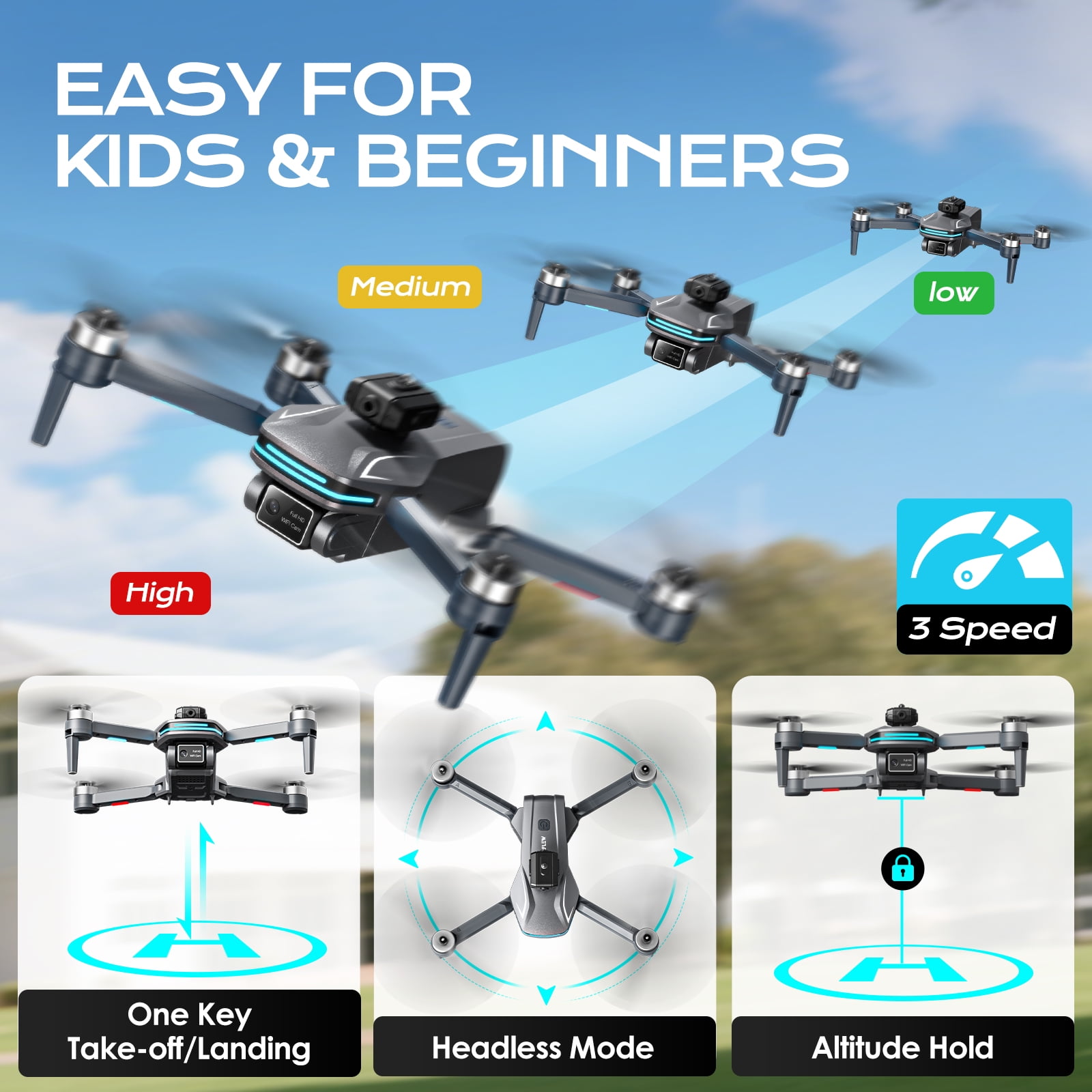 Wefone S101S Foldable Drone with Dual Camera for Beginners, Optical Flow Positioning, 2 Batteries, Gray