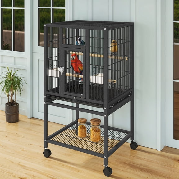 Uforic 41" Metal Bird cage with Rolling Stand, Tray, 2 Perches and 2 Feeders, Black