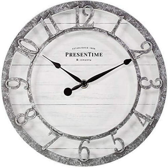 PresenTime & Co 10" Farmhouse Series Wall Clock, Quartz Movement, Shiplap Style, Raised 3D Arabic Numeral, Galvanized Finish