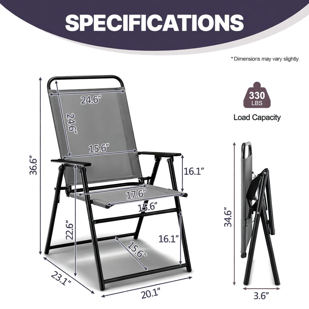 Hommoo 2-Pack Foldable Outdoor Sling Chairs with Armrests & Heavy-Duty Steel Frame, Easy-Store Patio Seating, Gray