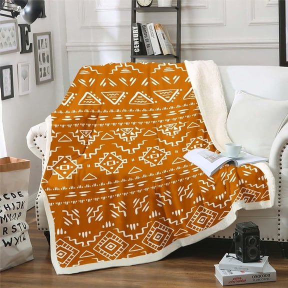 Boho Aztec Fleece Blanket Twin 60"X80" Western Geometric Throw Blanket Tribal Retro Boho Aztec Sherpa Blanket Modern Farmhouse Bedroom Decor Exotic Bohemian Flannel Blanket Orange White