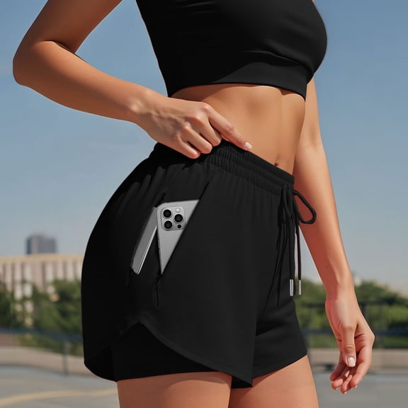 Conairie Womens Sweat Shorts Loose Quick Dry Stretch High Waisted Yoga Shorts with Built-In Liner Breathable Summer Lounge Shorts with Pockets Black L