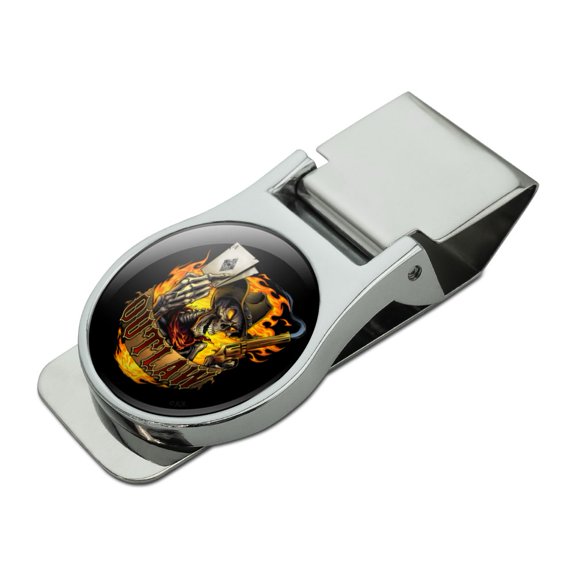 Outlaw Skeleton Card Player Cowboy Western Satin Chrome Plated Metal Money Clip