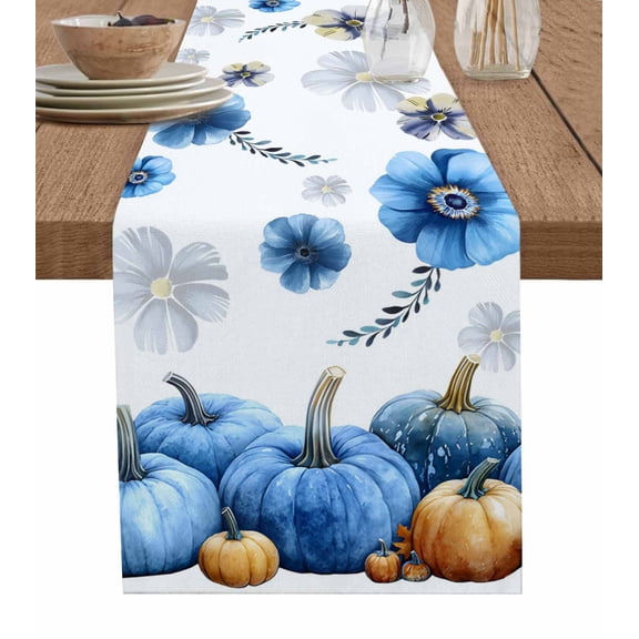 ERUNPONLY Blue Pumpkin Fall Table Runner - 108 Inch Long Thanksgiving Floral Botanical Autumn Cotton and Linen Blended Dress Scarves Farmhouse Table Runner for Kitchen Dining, Coffee Table, 13"x108"