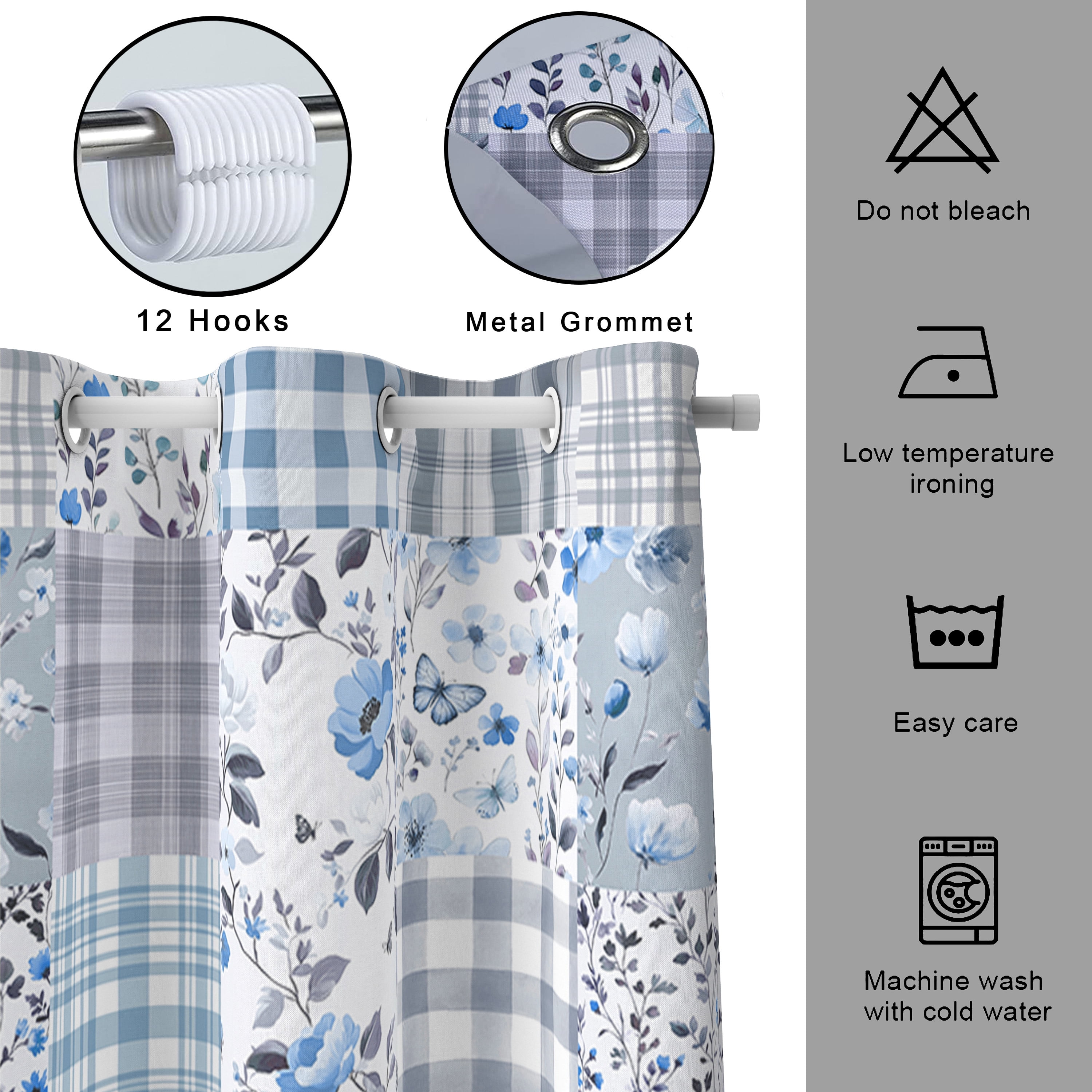 Cute Plaid Floral Shower Curtain, Boho Blue Flower Fabric Shower Curtains for Bathroom, Retro Blue Floral Checkered Patchwork Bath Curtain Set Washable Waterproof with 12Hooks,70X75in