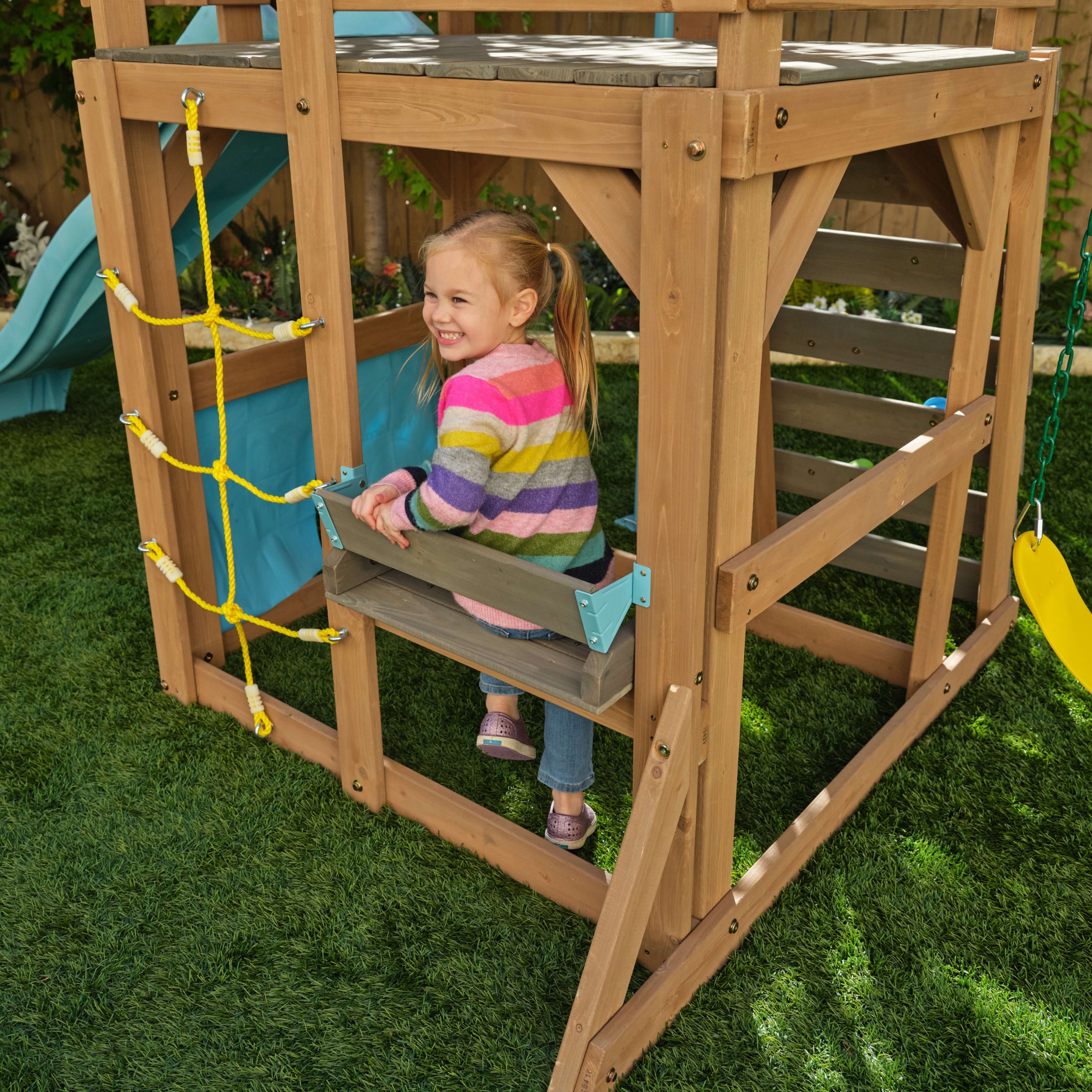 KidKraft Modern Outdoor Wooden Swing Set / Playset with Fireman's Pole, Reversible Bench