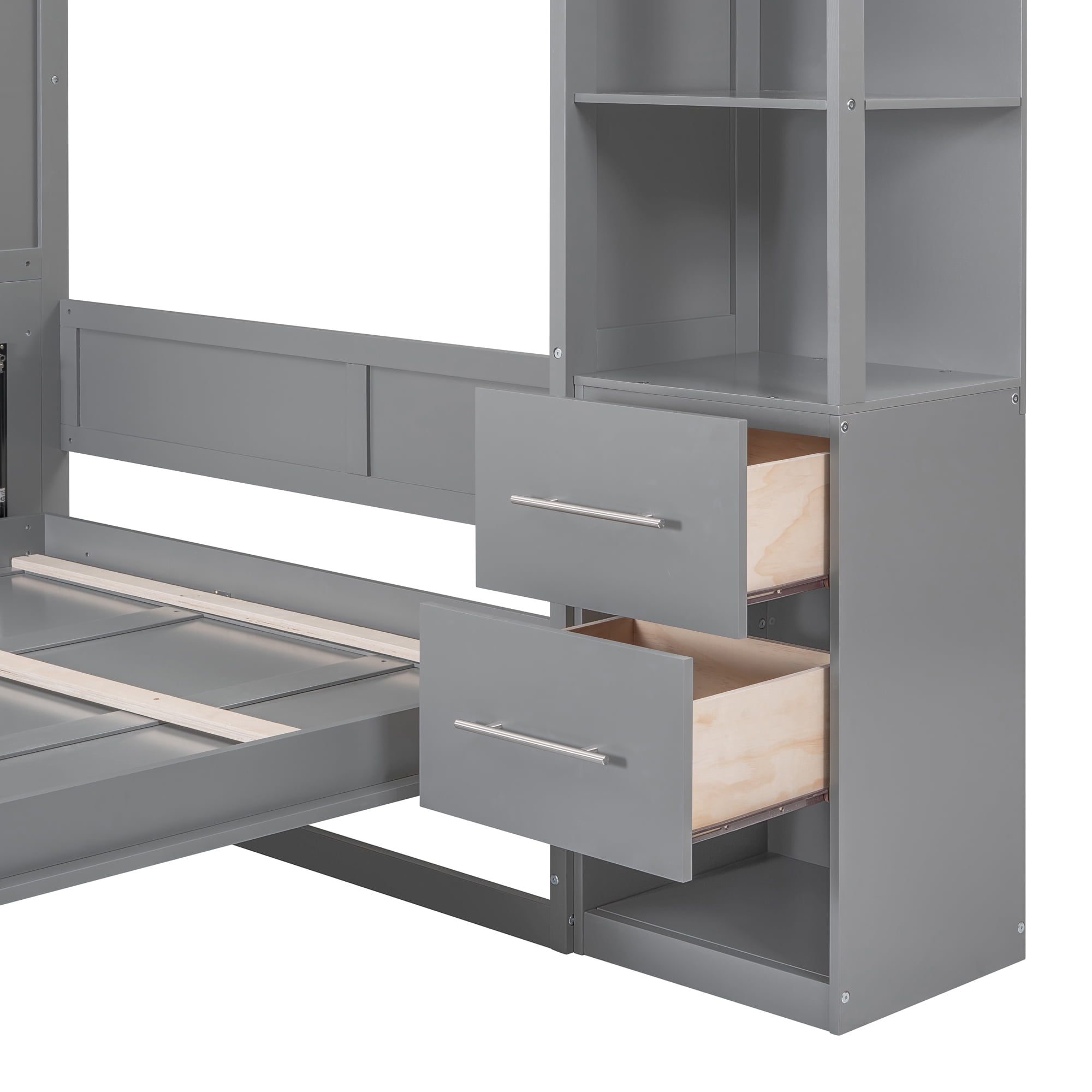 Euroco Wood Queen Size Murphy Bed with Cabinets and Drawers, Convertible Wall Bed wiht LED Light and Shelves, Gray