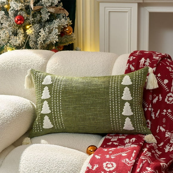 Christmas Tree Pillow Cover Embroidered Holiday Throw Pillowcase Farmhouse Decor for Sofa C Bedroom Living Room Seasonal Home Accents Decorative Cushion Cover