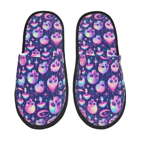 Balery Skull rainbow color Slient Indoor Furry Fleece Comfort House Shoes Soft Non-Slip Home Shoes Cotton slippers House Slippers-- Medium