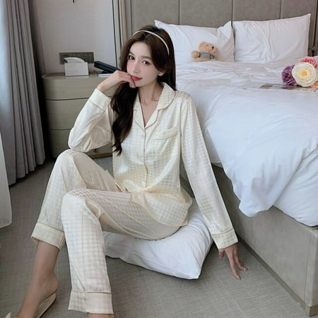 

PIKADINGNIS Long Sleeve Silk Pajamas Spring Autumn Satin Women Pajama Solid Color Plaid Sleepwear Pyjamas 4XL 5XL Nightwear