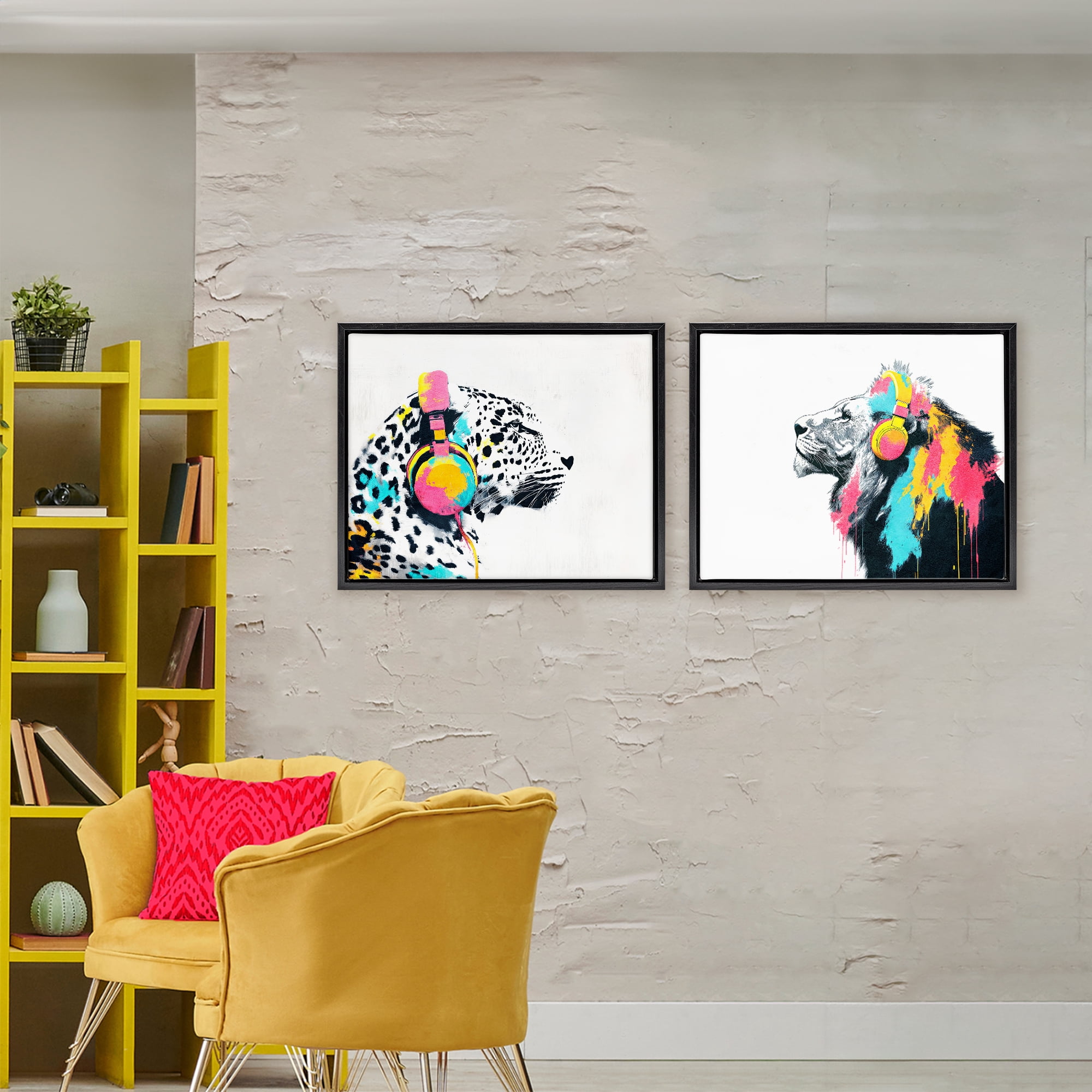 Stupell Industries Leopard and Lion On Air 2 Piece Black Framed Floater Canvas Set, design by Svetlana Aleynikova