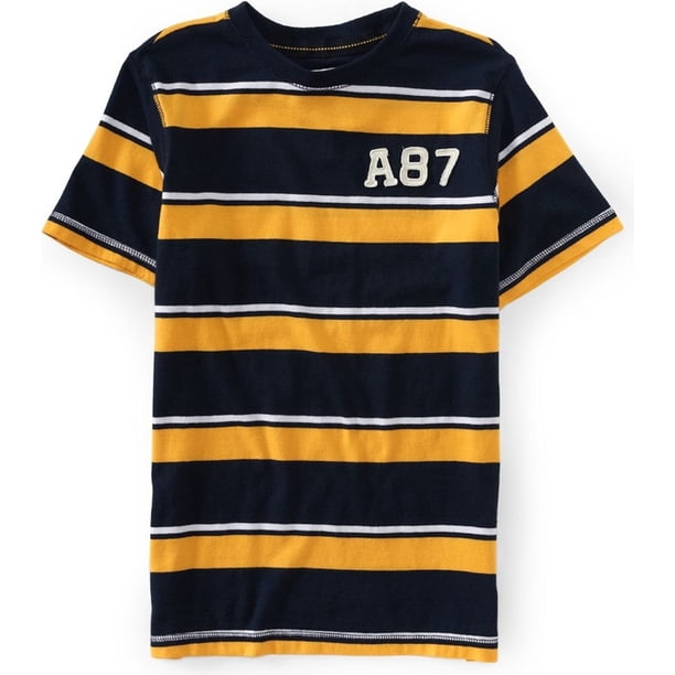Aeropostale - Camiseta gráfica con cuello en V y rayas A87 para hombre, azul, talla mediana Aeropostale Camiseta gráfica