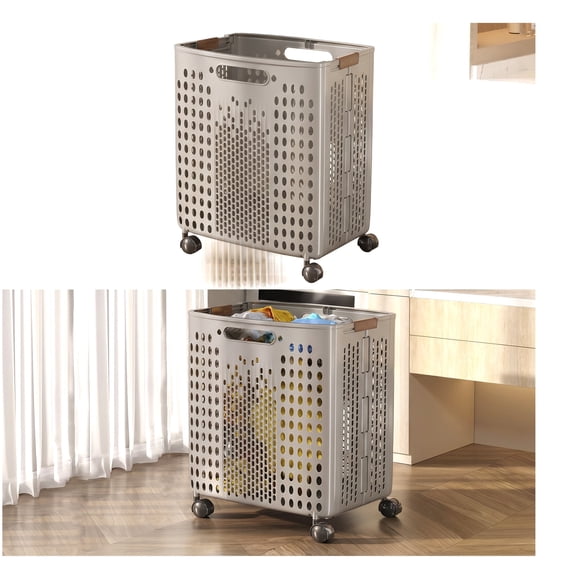 Renyuanyuan Foldable Rolling Laundry Basket with Wheels and Handles, Portable Durable, for Clothes, Towels, Toys, Bedroom, Bathroom, Laundry Room