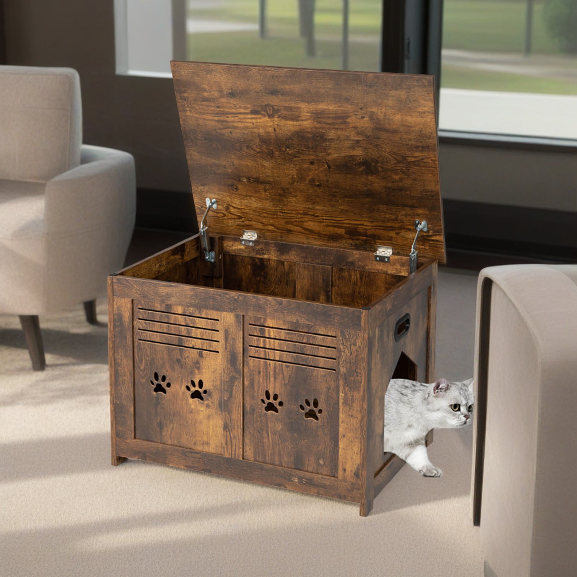 resenkos 27" Cat Litter Box Enclosure, Flip Top Hidden Litter Box Furniture, Wood Cat Washroom Cabinet Fit for Most of Cat and Litter Box, Cat House, Brown