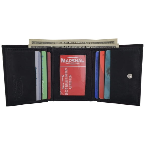 Mens Cowhide Leather ID Card Holder Trifold Wallet with Coin Pouch 2055 CF