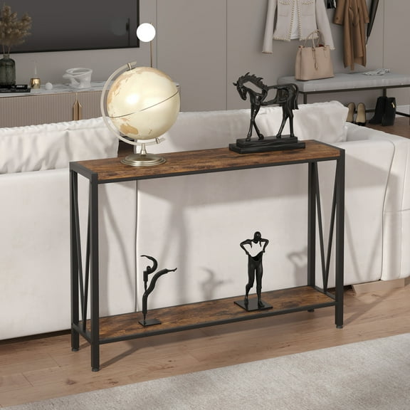 Rustic Console Table, 42.9" Entryway Table with Storage, Wood and Metal 2-Tier Narrow Long Sofa Table with Shelf