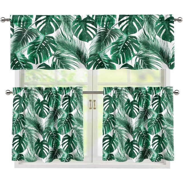 Monstera Kitchen Curtains and Valances Set,3 Piece Small Window Valance Sets Treatment Drapes for Kitchen, Bedroom, Living & Dining Room by Achim Home Decoration