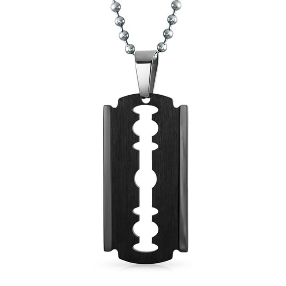 Personalize Hip Hop Biker  Rock Large Razor Blade Dog Tag Pendant Necklace for Men Black Stainless Steel 20 Inch Ball Chain Customizable