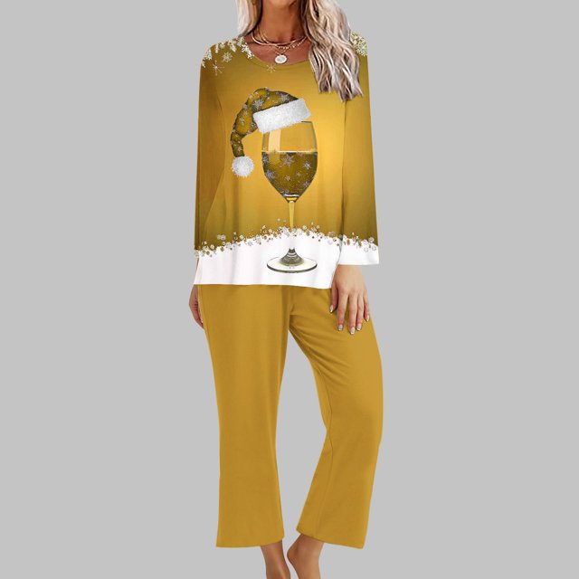 Puntoco Conjunto De Pijama De Manga Larga Con Cuello Redondo Y Pantalones Estampados De Moda Navideña Para Mujer Amarillo M