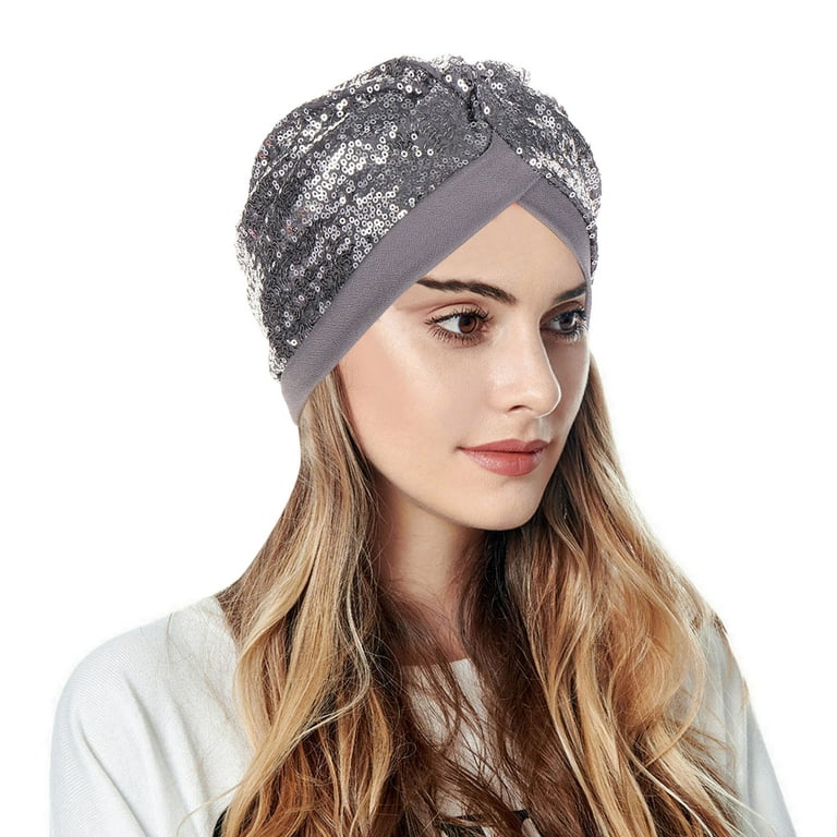 Pmuybhf adult Sun Hat Womens Packable for Travel Small July 4 Women Turban Hatbow Sequins Hair Bonnet Head Scarf Wrap Cover, Size: One size, Silver