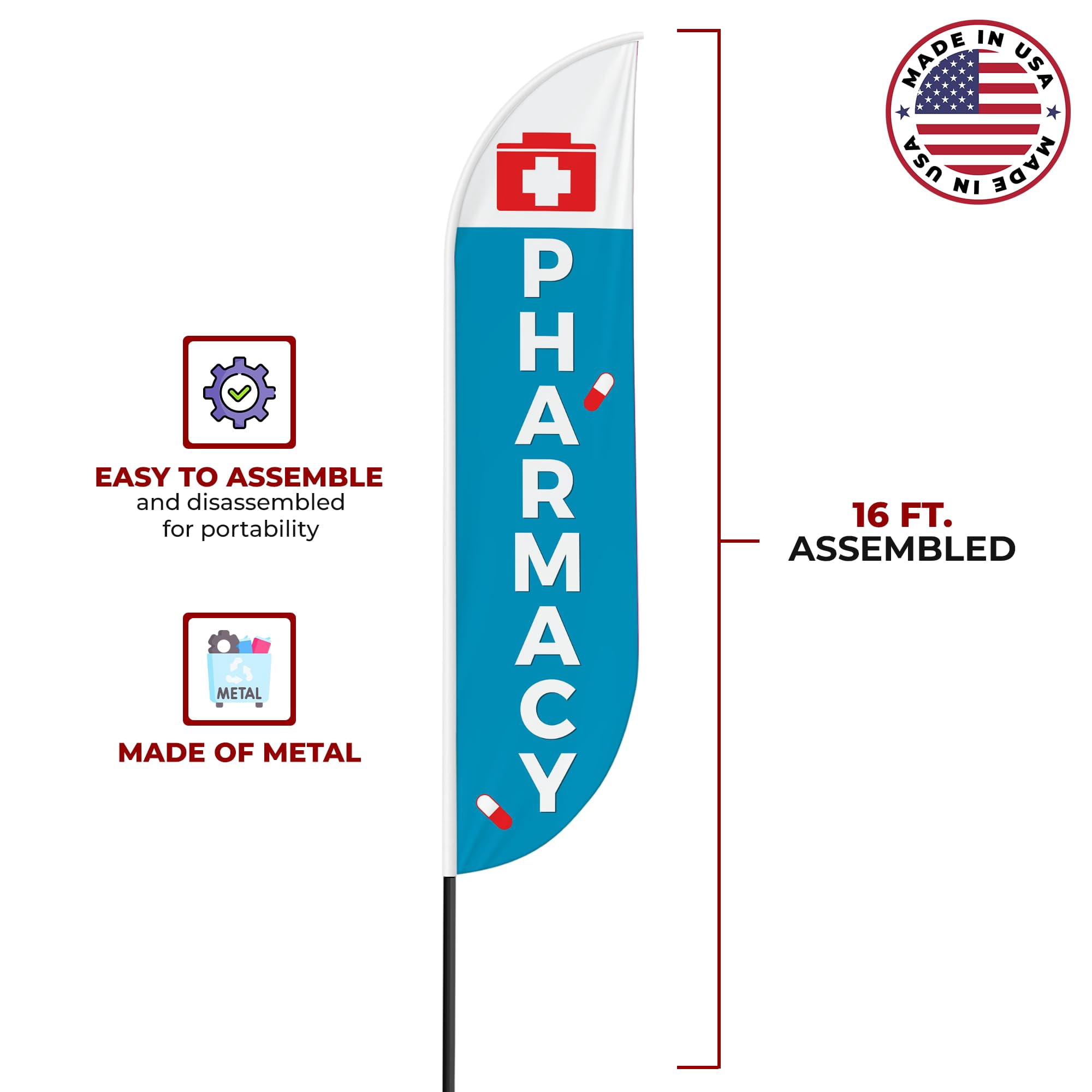 Pharmacy Sign feather flag for Outdoor by Mavis Print | 11.5 FEET Long Polyester Outdoor Banner Flag | HD Print Swooper I Flag Only to Promote Medicine| Made in USA I Flag Only