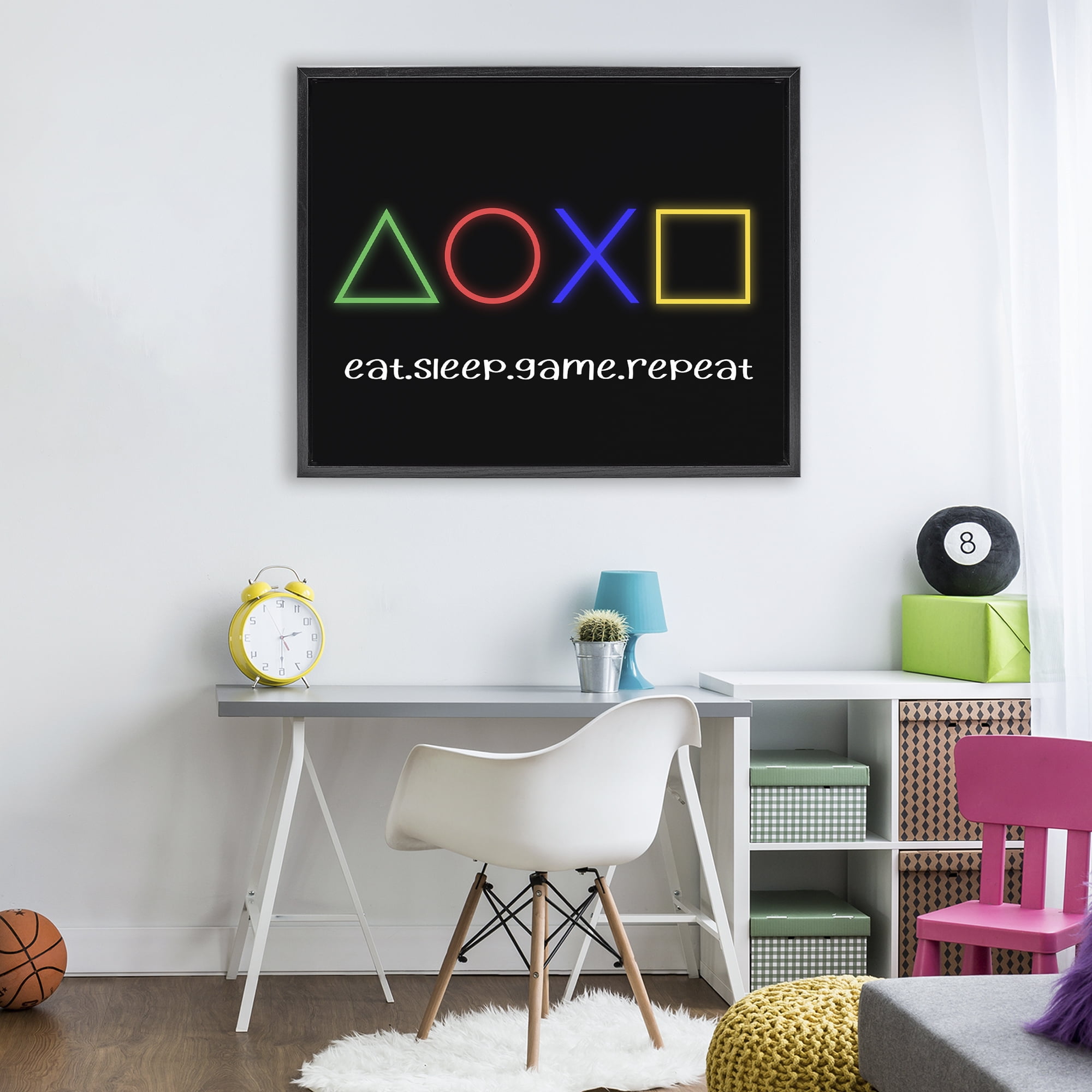 Neon Gaming Symbols & Words Black Framed Floater Canvas Wall Art, design by Christine Simpson Art