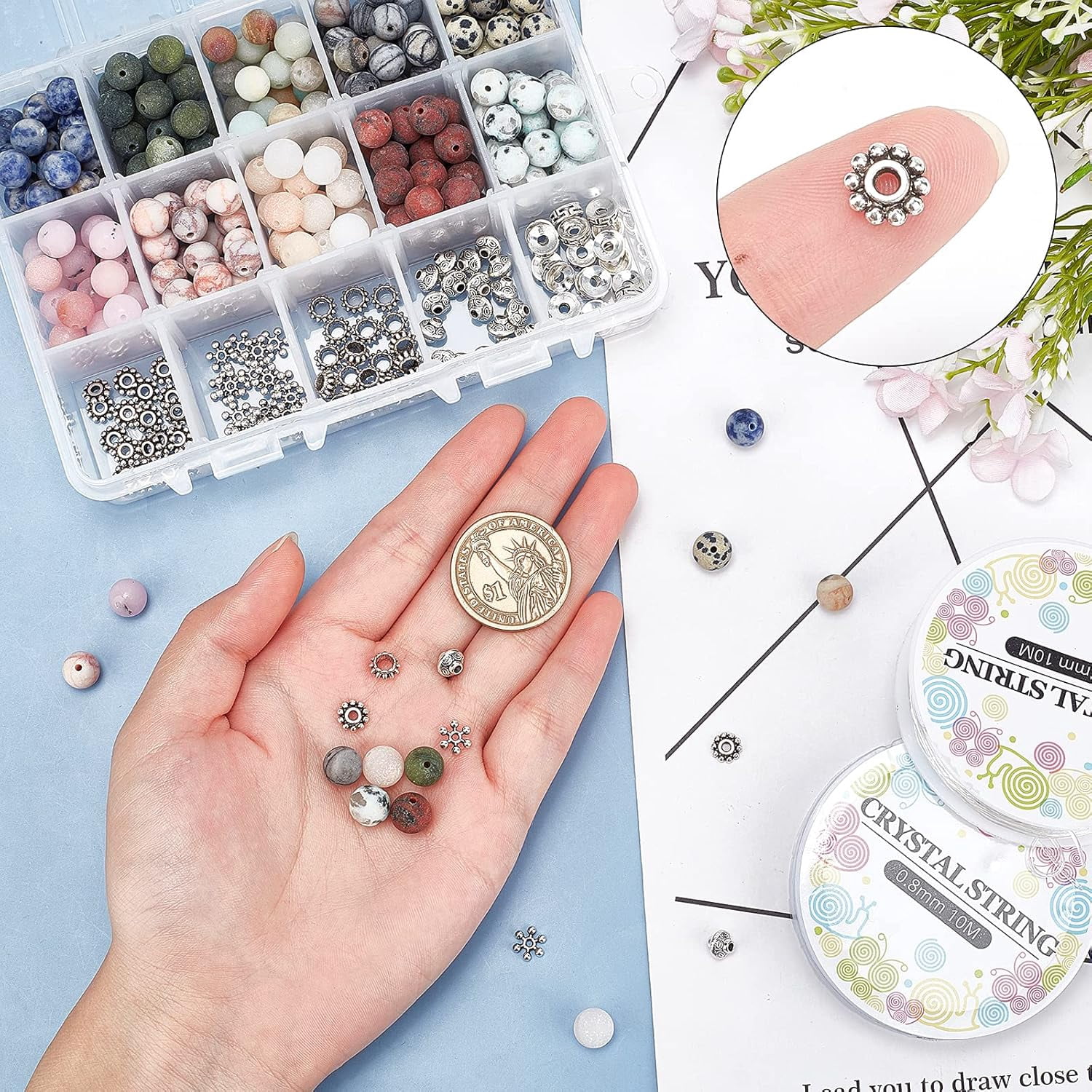 DIY Stretch Bracelets Making Kits Including Frosted Natural Gemstone Round Beads Alloy Spacer Beads Iron Beading Needles Gemstone Beads: 8~8.5mm Hole: 1mm 250pcs/set