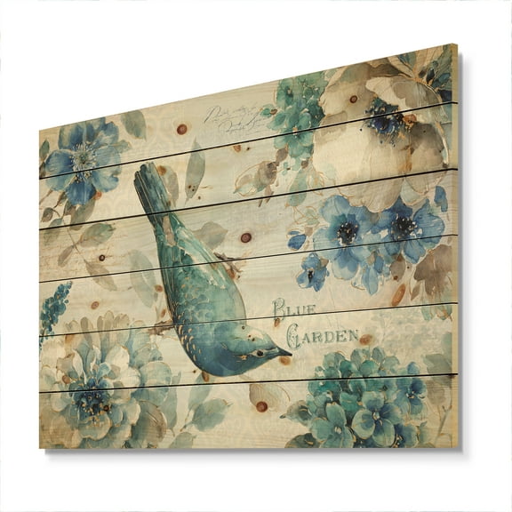 Designart 'Indigold Cottage Bird Family V' Farmhouse Print on Natural Pine Wood