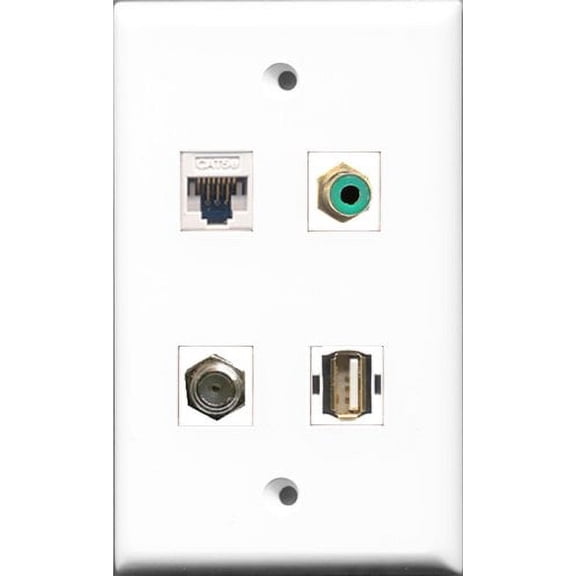 RiteAV 1 Port RCA Green and 1 Port Coax Cable TV- F-Type and 1 Port USB A-A and 1 Port Cat5e Ethernet White Wall Plate