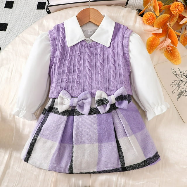 Conjunto de falda y camisa interior de manga larga para niña, estilo escolar de primavera, suéter sin mangas, cárdigan y falda a rayas a cuadros.