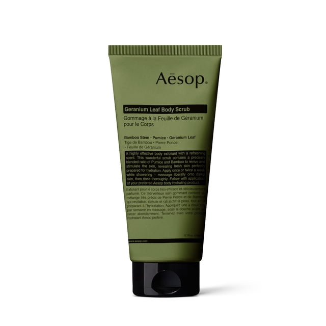 Exfoliante corporal Aesop con hoja de geranio, 180 ml, vegano, sin parabenos