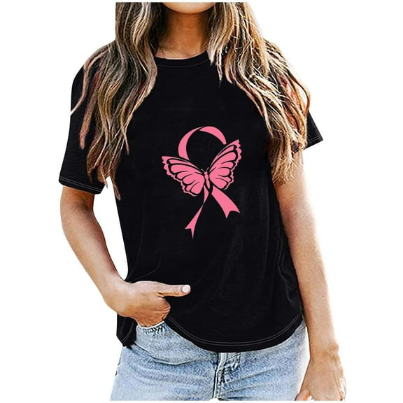 Oplxuo Breast Cancer Awareness Tops for Women Short Sleeve Cute Pink Ribbon Shirts Causal Crewneck Loose Tshirt Blouse