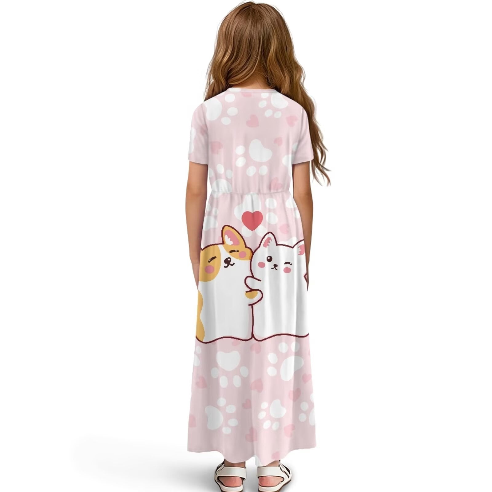 Uourmeti Cartoon Dog Kitty Print Girls Summer Short Sleeve Dress Crew Neck Loose Casual Flowy Tiered Maxi Dress with Pockets Cute Clothes, Size 5-6 Years