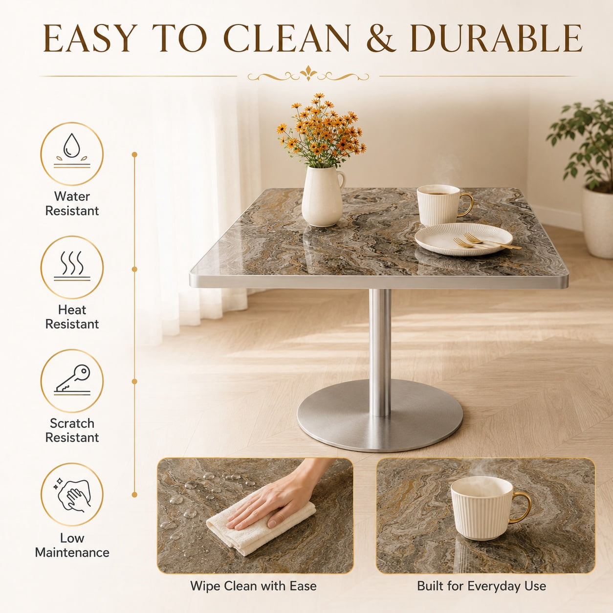 Aukfa 31.5" Square Dining Table for 2-4, Marble-Look Sintered Stone Top, Silver Pedestal Base, Small Spaces,Silver Gray Marble