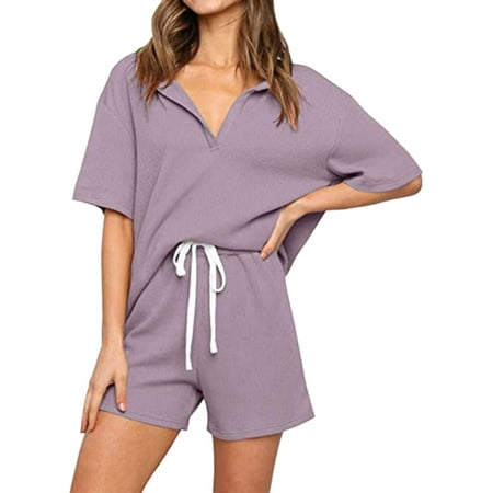 

HUBERY Women V Neck Short Sleeve Solid Color Drawstring Knitted Sleepwear Set