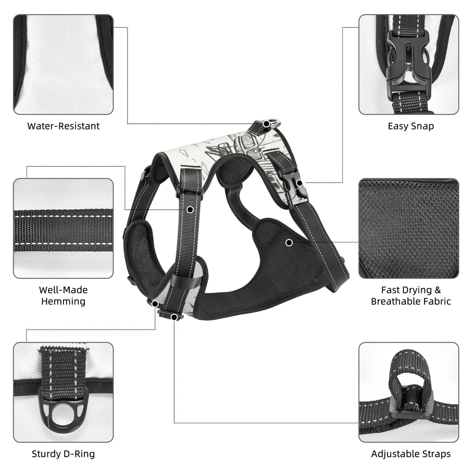 Vsdgher Summer Vacation Scene With Camping Van Pattern Dog Harness,No Pull Pet Harness with Soft Padded Handle,Adjustable Reflective Vest with 2 Buckles,4 Slide Buckles,S-XL Small