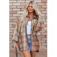thumbnail image 1 of I AM A FASHION JUNKY Khaki Plaid Colorblock Patchwork High Low Shacket (Khaki, M, 100%Polyester), 1 of 8