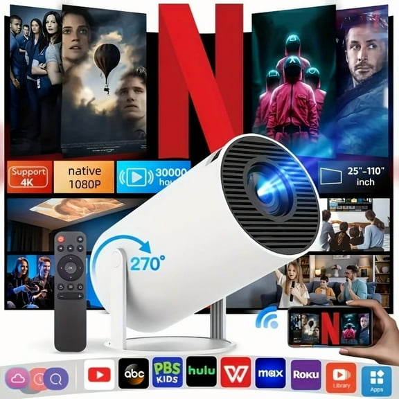 Smart Projector 4K Video Resolution Native 1080P Mini Movie Projector Support Automatic Trapezoidal Correction Compatible with HD USB Smartphones And Tablets Theater