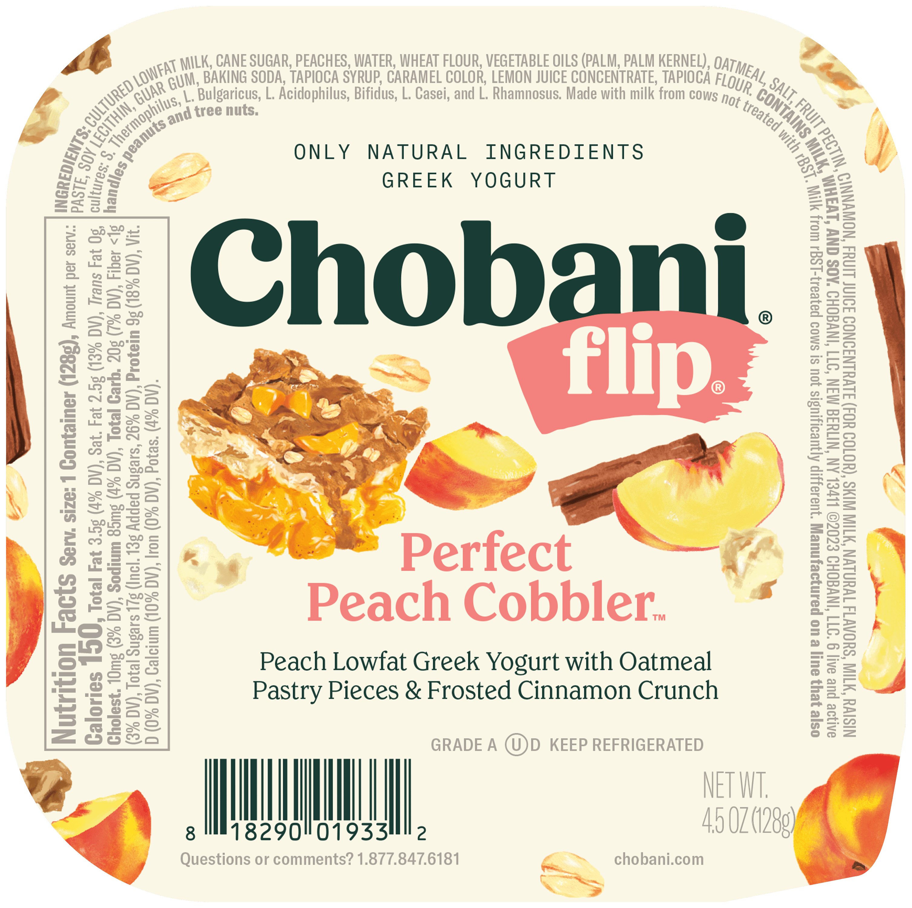 Chobani Flip Low-Fat Greek Yogurt, Perfect Peach Cobbler 4.5 oz Cup