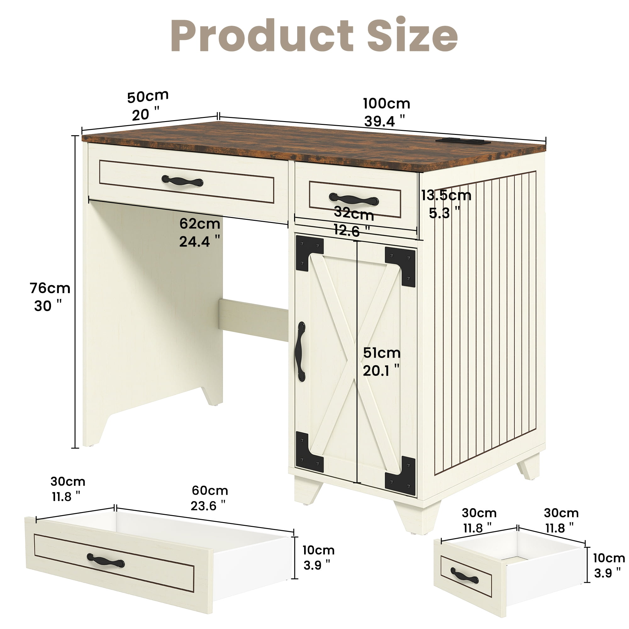Manora Executive Desk, Modern Farmhouse Computer Desk with 2 Drawers & Cabinet, White Home Office Desk Writing Workspace for Work Study