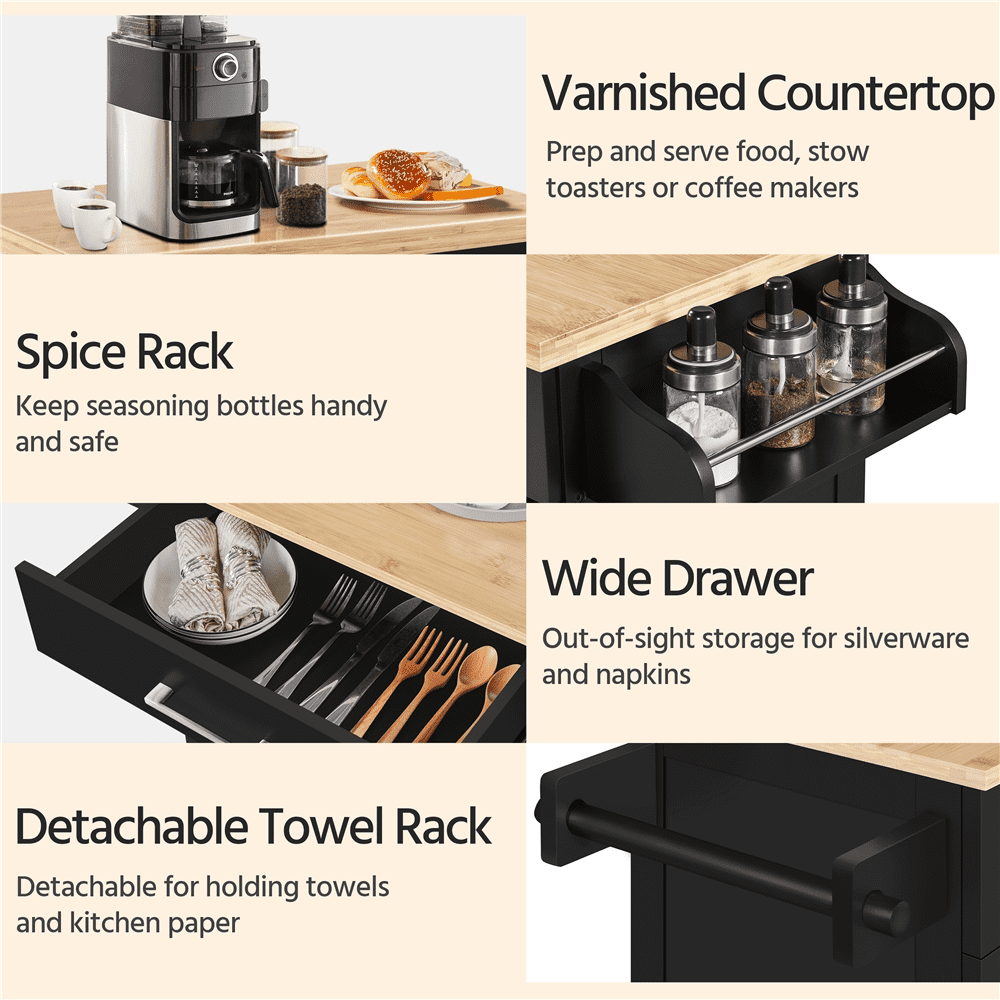 Alden Design Rolling Storage Kitchen Cart with Pull Out Drawer, Black