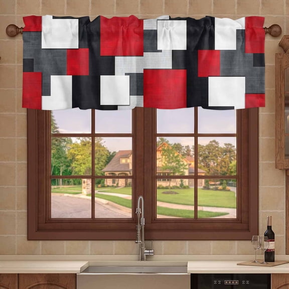 Kitchen Valances for Window, Abstract Red Black White Gray Color Block Light Filtering Rod Pocket Valance Curtain, Geometric Art Short Curtains Window Topper for Bedroom 54x18in